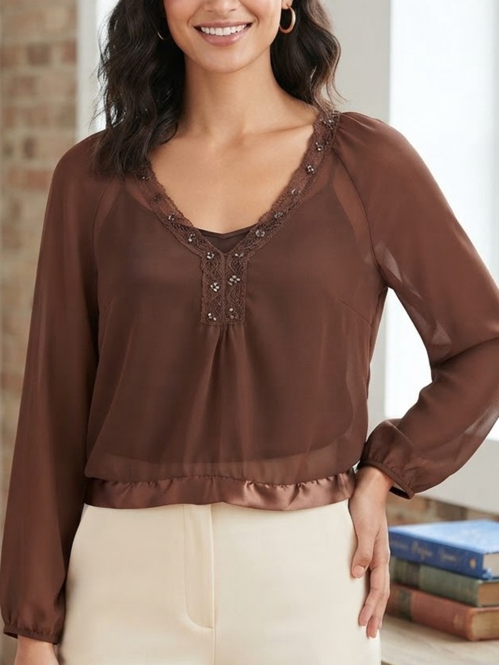 Oleg Cassini Brown Lace-Trim V-Neck Blouse